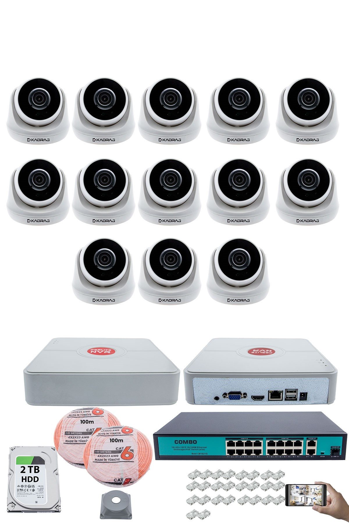Kadraj 13 Kameralı IP Dome Güvenlik Kamerası Seti | 4MP Ultra HD, 30m Gece Görüş, Ses Alma, Uzaktan İzleme + 2TB H.D.D + 200M Cat6
