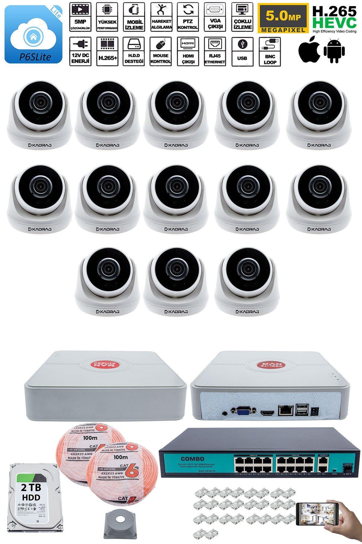 Kadraj 13 Kameralı IP Dome Güvenlik Kamerası Seti | 4MP Ultra HD, 30m Gece Görüş, Ses Alma, Uzaktan İzleme + 2TB H.D.D + 200M Cat6 - görsel 2