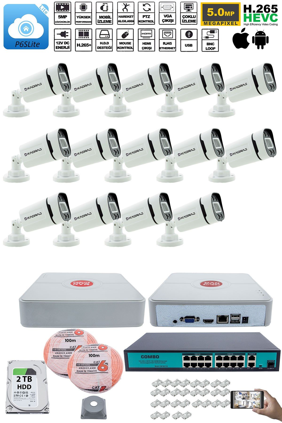 Kadraj 14 Kameralı Güvenlik IP Kamera Seti - 4MP Dış Mekan Kamera, 3.6mm Lens, H.265+, PoE, Gece Renkli Görüş, 16 Kanal NVR, 16 Port PoE Switch, 2TB HDD - görsel 2