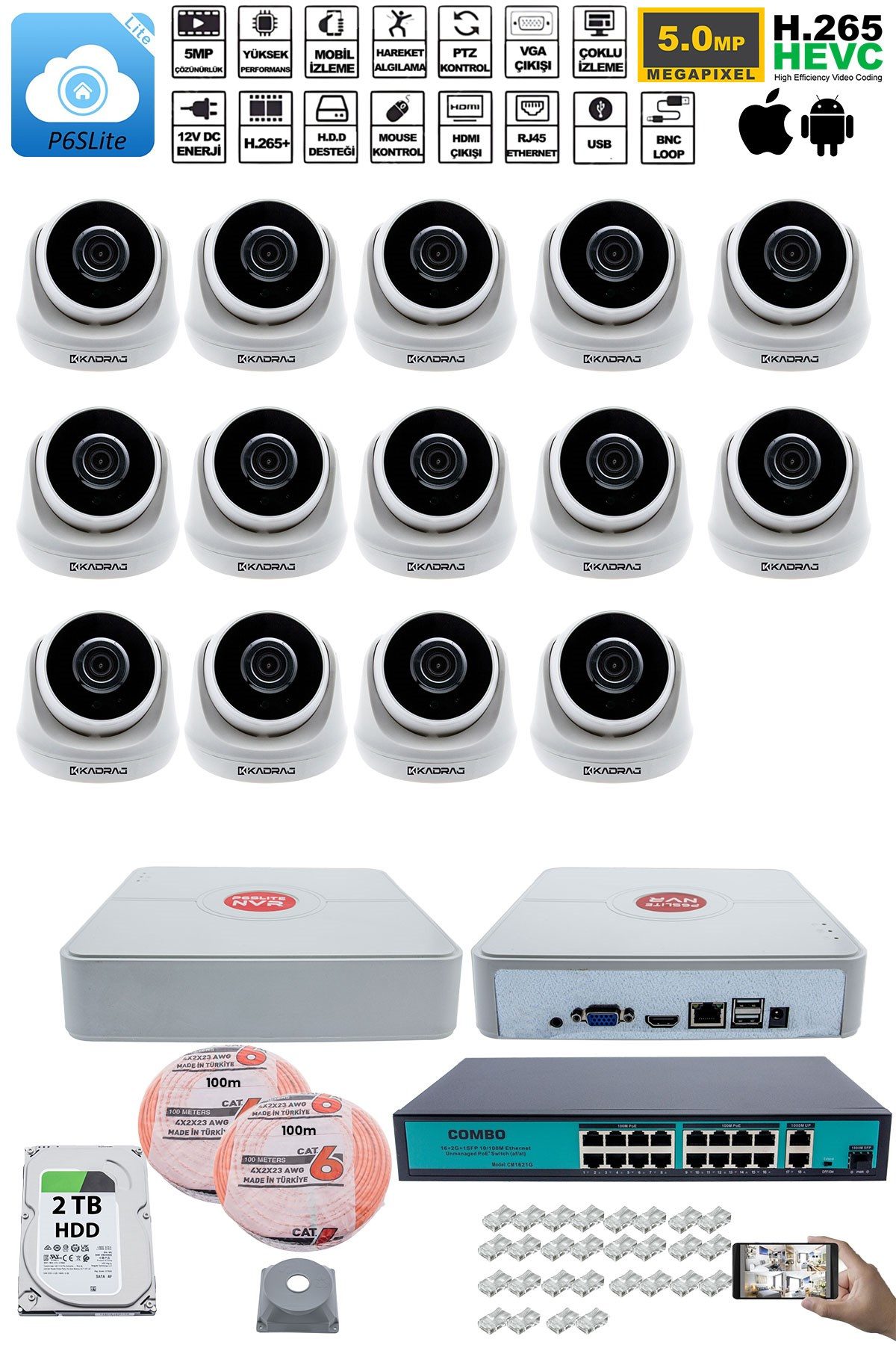 Kadraj 14 Kameralı IP Dome Güvenlik Kamerası Seti | 4MP Ultra HD, 30m Gece Görüş, Ses Alma, Uzaktan İzleme + 2TB H.D.D + 200M Cat6 - görsel 2
