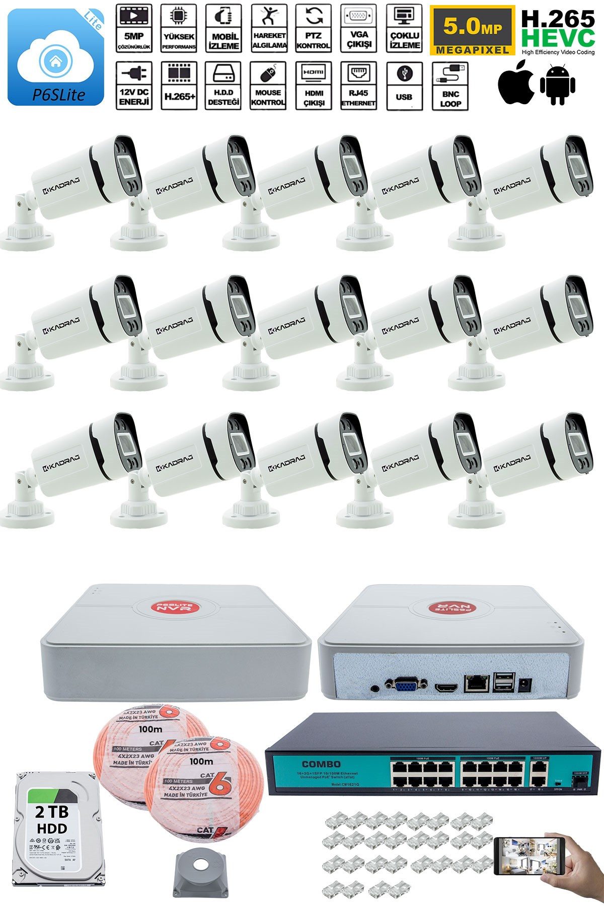 Kadraj 15 Kameralı Güvenlik IP Kamera Seti - 4MP Dış Mekan Kamera, 3.6mm Lens, H.265+, PoE, Gece Renkli Görüş, 16 Kanal NVR, 16 Port PoE Switch, 2TB HDD - görsel 2