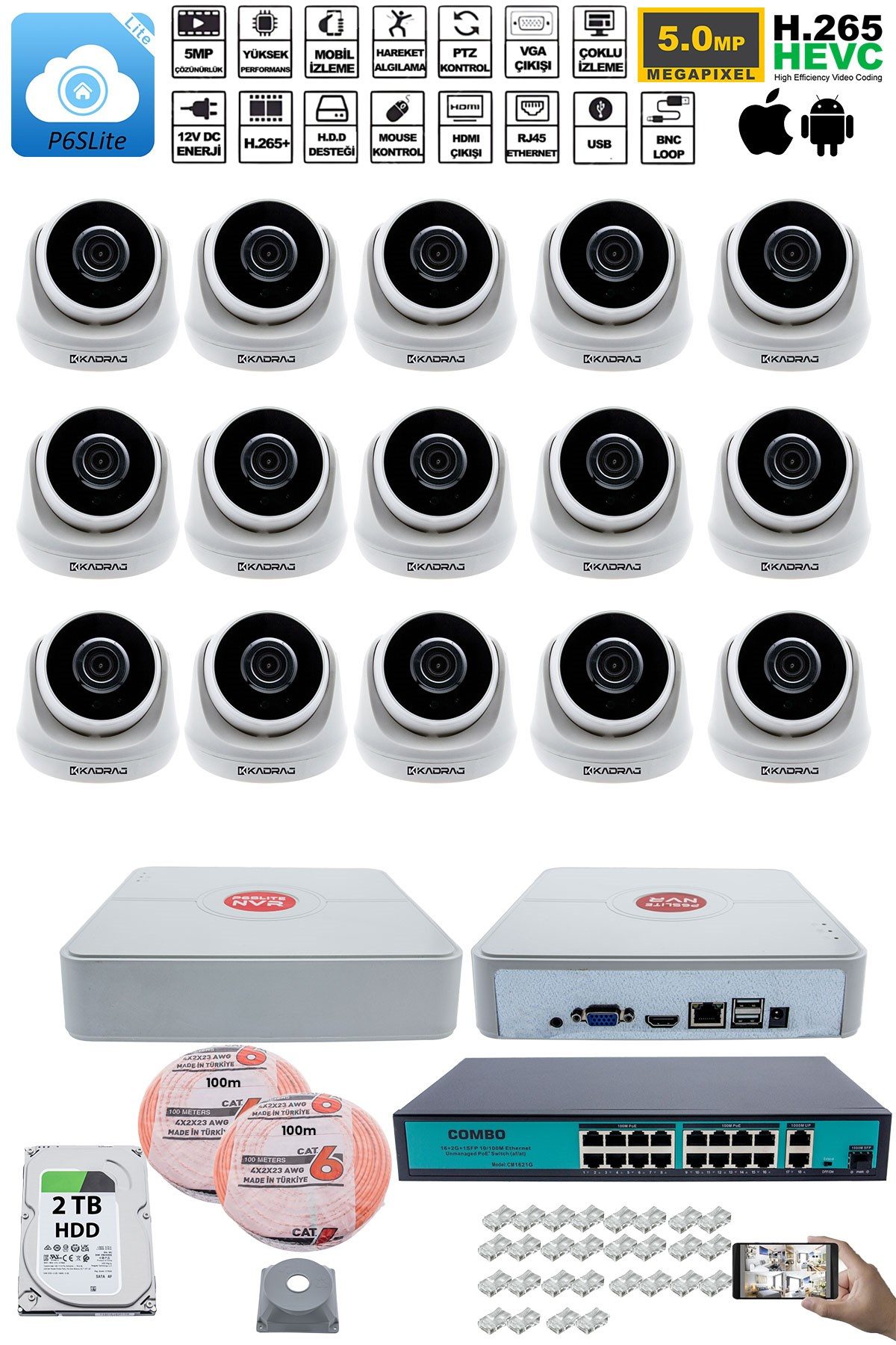 Kadraj 15 Kameralı IP Dome Güvenlik Kamerası Seti | 4MP Ultra HD, 30m Gece Görüş, Ses Alma, Uzaktan İzleme + 2TB H.D.D + 200M Cat6 - görsel 2