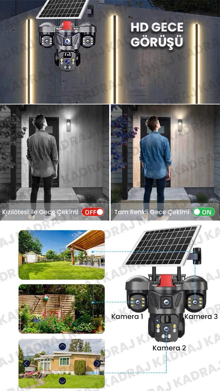 Kadraj 15MP 3 Kameralı Sim Kartlı Kamera, Solar Panelli Kamera,İnsan Algılama, Hareket Takibi, Sesli Alar, Çakarlı Kamera - görsel 5