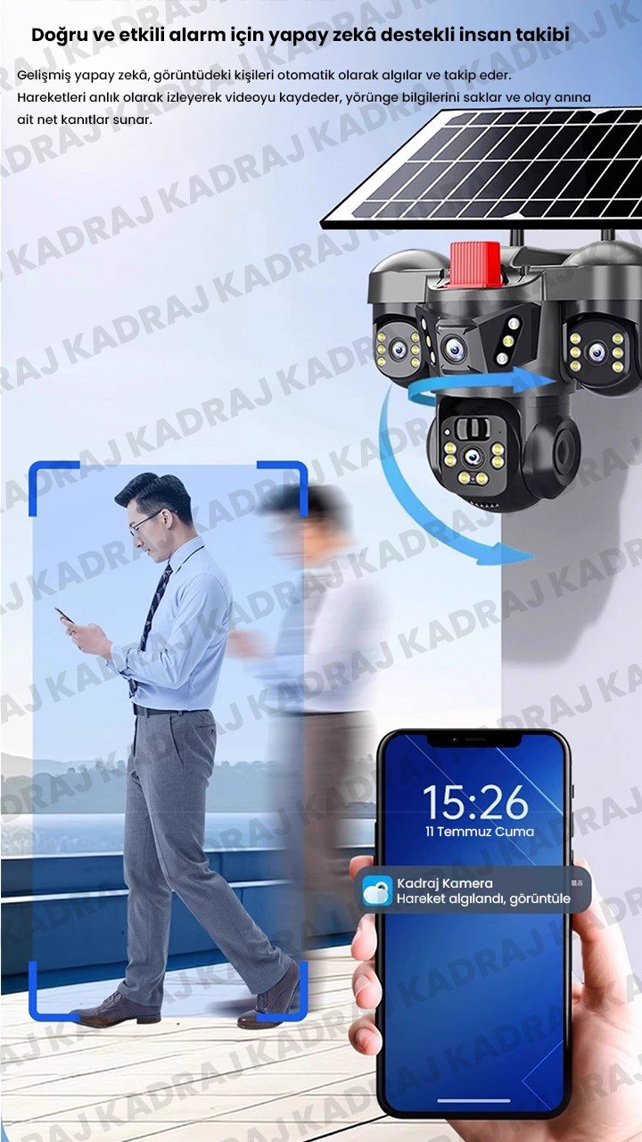 Kadraj 15MP 3 Kameralı Sim Kartlı Kamera, Solar Panelli Kamera,İnsan Algılama, Hareket Takibi, Sesli Alar, Çakarlı Kamera - görsel 6