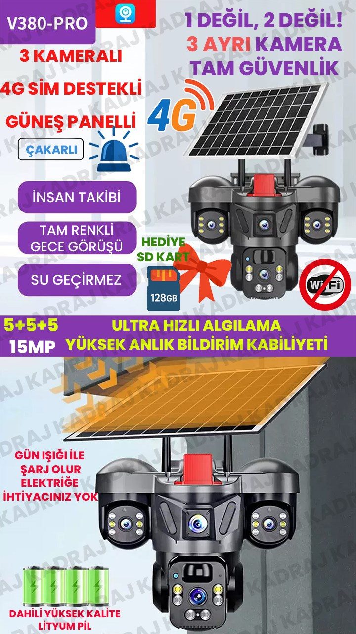 Kadraj 15MP 3 Kameralı Sim Kartlı Kamera, Solar Panelli Kamera,İnsan Algılama, Hareket Takibi, Sesli Alar, Çakarlı Kamera