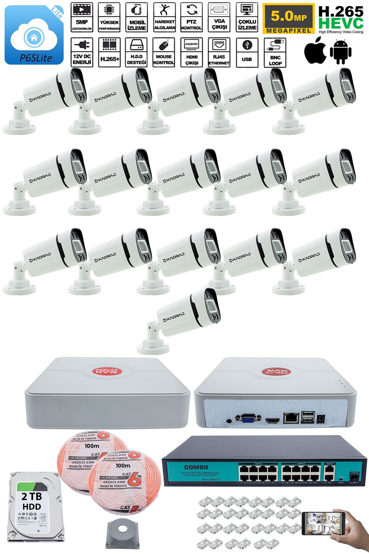 Kadraj 16 Kameralı Güvenlik IP Kamera Seti - 4MP Dış Mekan Kamera, 3.6mm Lens, H.265+, PoE, Gece Renkli Görüş, 16 Kanal NVR, 16 Port PoE Switch, 2TB HDD - görsel 2