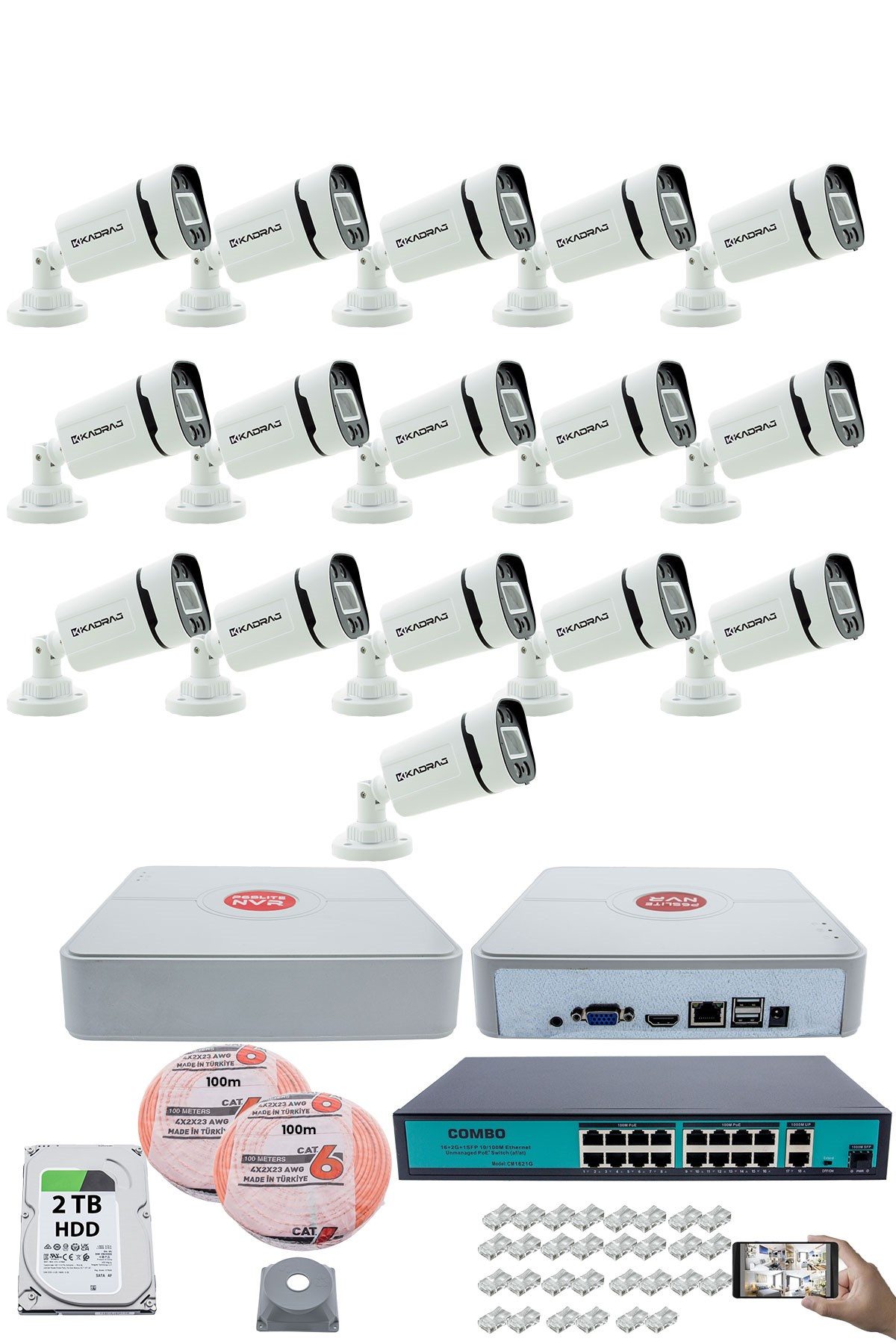 Kadraj 16 Kameralı Güvenlik IP Kamera Seti - 4MP Dış Mekan Kamera, 3.6mm Lens, H.265+, PoE, Gece Renkli Görüş, 16 Kanal NVR, 16 Port PoE Switch, 2TB HDD