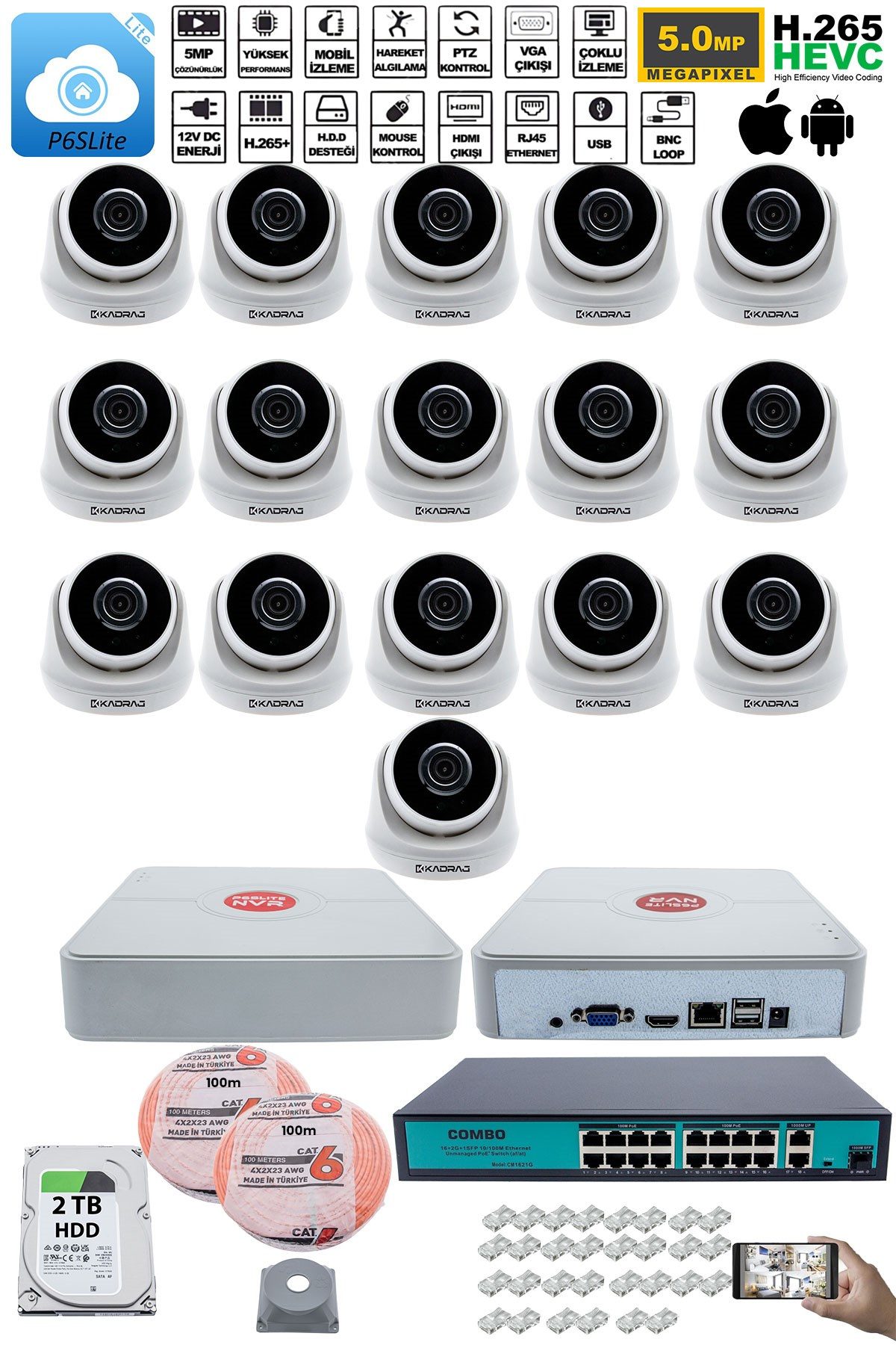 Kadraj 16 Kameralı IP Dome Güvenlik Kamerası Seti | 4MP Ultra HD, 30m Gece Görüş, Ses Alma, Uzaktan İzleme + 2TB H.D.D + 200M Cat6 - görsel 2