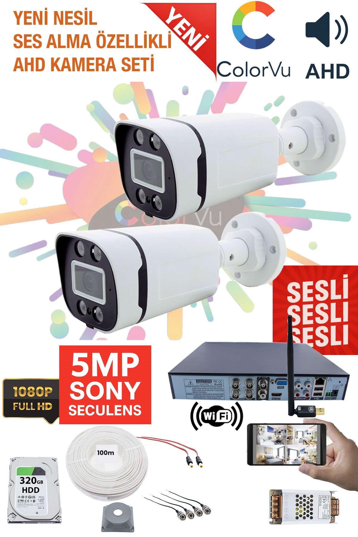Kadraj 2 Kameralı Güvenlik Kamera Seti - 5MP Sony SecuLens, 1080p Full HD AHD, 4 Warm LED, Gece Renkli, 5MP DVR + WiFi Adaptörü, V2
