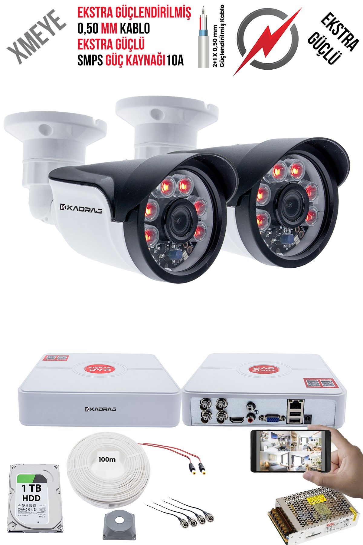 Kadraj 2 Kameralı Güvenlik Kamera Seti - Ekstra Uzun Mesafeli Güçlü, 5MP Sony Lens, 70m Dayanıklı Kablolama, 6 Atom LED, 1TB H.D.D