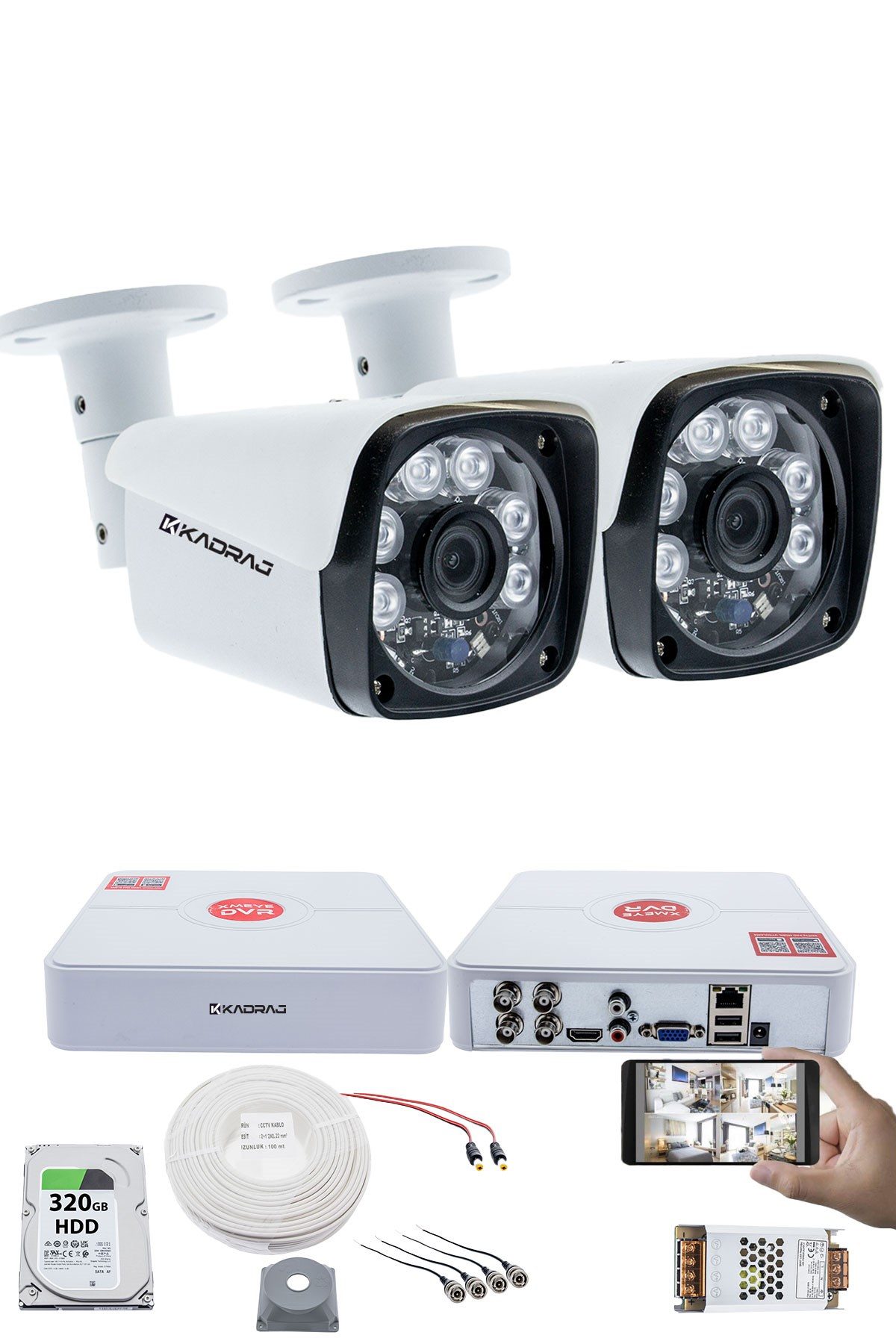 Kadraj 2 Kameralı Güvenlik Kamerası Seti - 5MP Sony SecuLens, 6 Atom LED,Gece Görüşlü, 1080P Full HD AHD, Metal Kasa