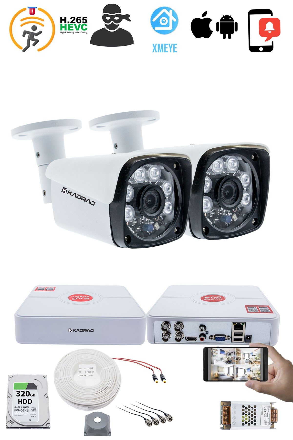 Kadraj 2 Kameralı Güvenlik Kamerası Seti - 5MP Sony SecuLens, 6 Atom LED,Gece Görüşlü, 1080P Full HD AHD, Metal Kasa - görsel 2