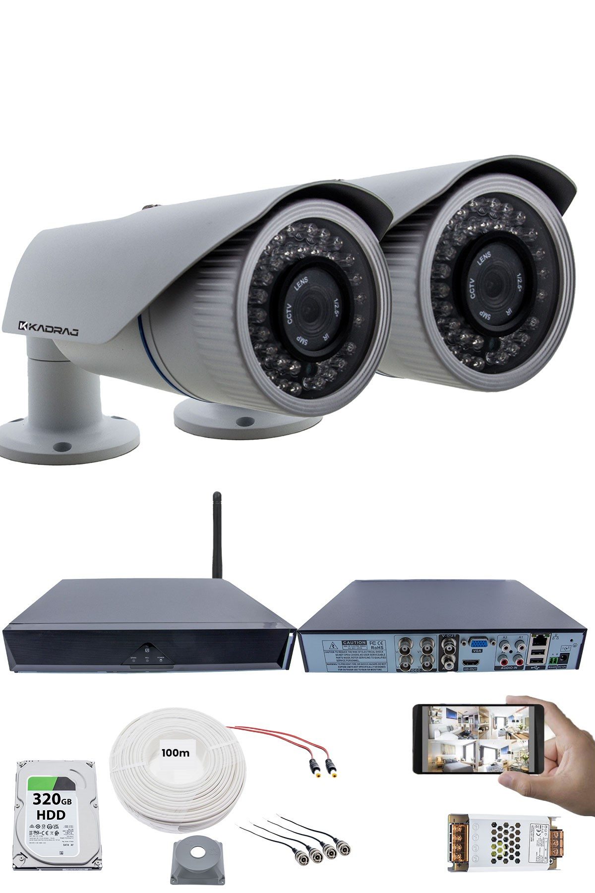 Kadraj 2 Kameralı Güvenlik Seti - 5MP Sony SecuLens, 1080p AHD, 42 IR LED, Gece Görüşlü, 5MP DVR + WiFi Adaptörü, V1