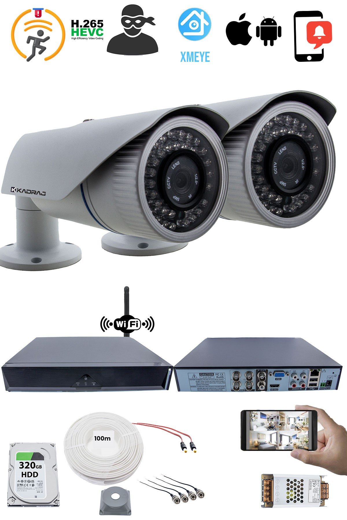 Kadraj 2 Kameralı Güvenlik Seti - 5MP Sony SecuLens, 1080p AHD, 42 IR LED, Gece Görüşlü, 5MP DVR + WiFi Adaptörü, V1 - görsel 2