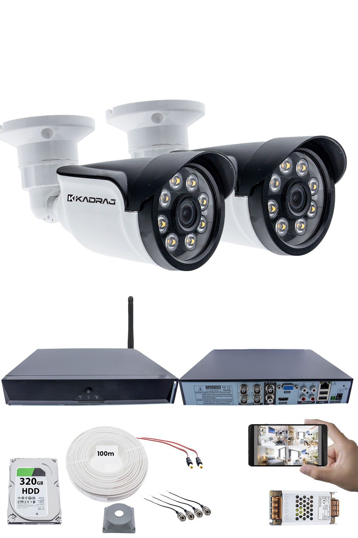 Kadraj 2 Kameralı Güvenlik Seti - 5MP Sony SecuLens, 1080p AHD, 8 Warm LED, Gece Renkli Görüş, Full HD, 5MP DVR + WiFi Adaptörü, V1