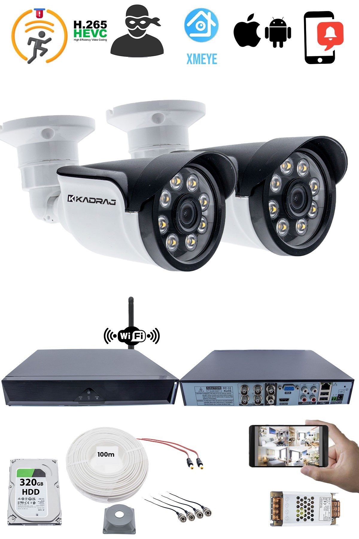Kadraj 2 Kameralı Güvenlik Seti - 5MP Sony SecuLens, 1080p AHD, 8 Warm LED, Gece Renkli Görüş, Full HD, 5MP DVR + WiFi Adaptörü, V1 - görsel 2