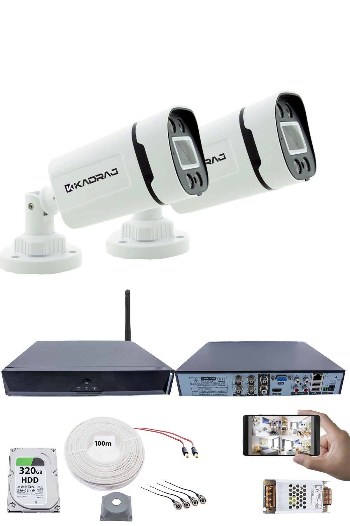 Kadraj 2 Kameralı Güvenlik Seti - 5MP Sony SecuLens, 1080p Full HD AHD, 4 Warm LED, Gece Renkli, 5MP DVR + WiFi Adaptörü, V1