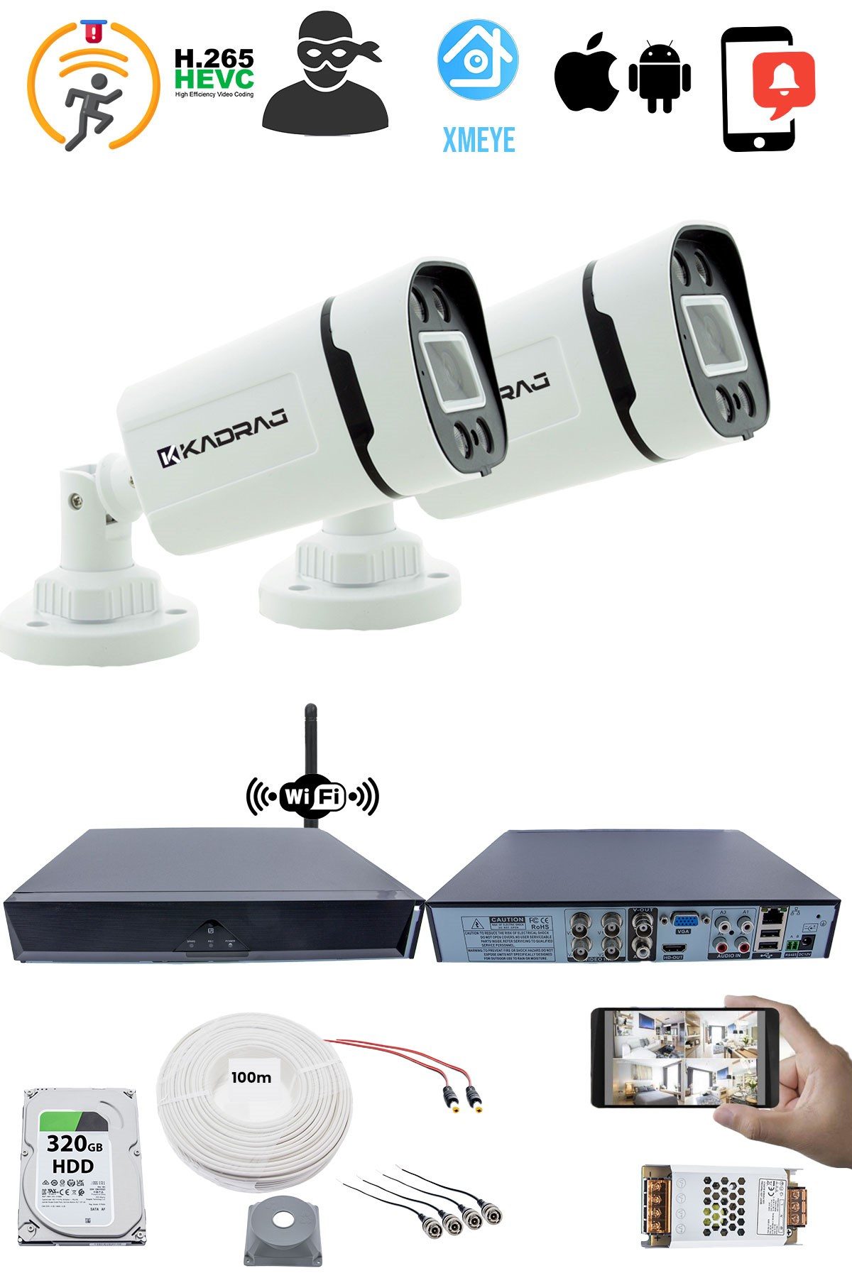 Kadraj 2 Kameralı Güvenlik Seti - 5MP Sony SecuLens, 1080p Full HD AHD, 4 Warm LED, Gece Renkli, 5MP DVR + WiFi Adaptörü, V1 - görsel 2