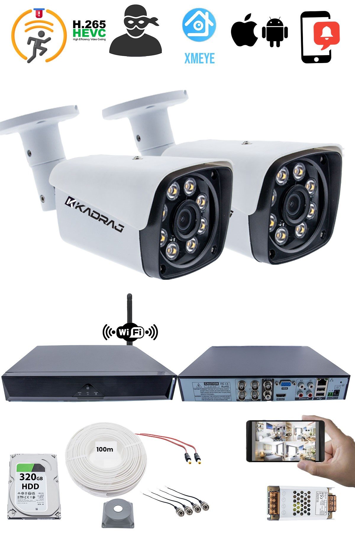 Kadraj 2 Kameralı Güvenlik Seti - 5MP Sony SecuLens, 1080p Full HD AHD, Gece Renkli, 8 Ultra Warm LED, 5MP DVR + WiFi Adaptörü, V1 - görsel 2