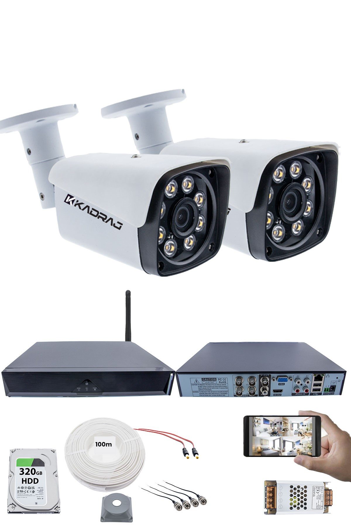 Kadraj 2 Kameralı Güvenlik Seti - 5MP Sony SecuLens, 1080p Full HD AHD, Gece Renkli, 8 Ultra Warm LED, 5MP DVR + WiFi Adaptörü, V1