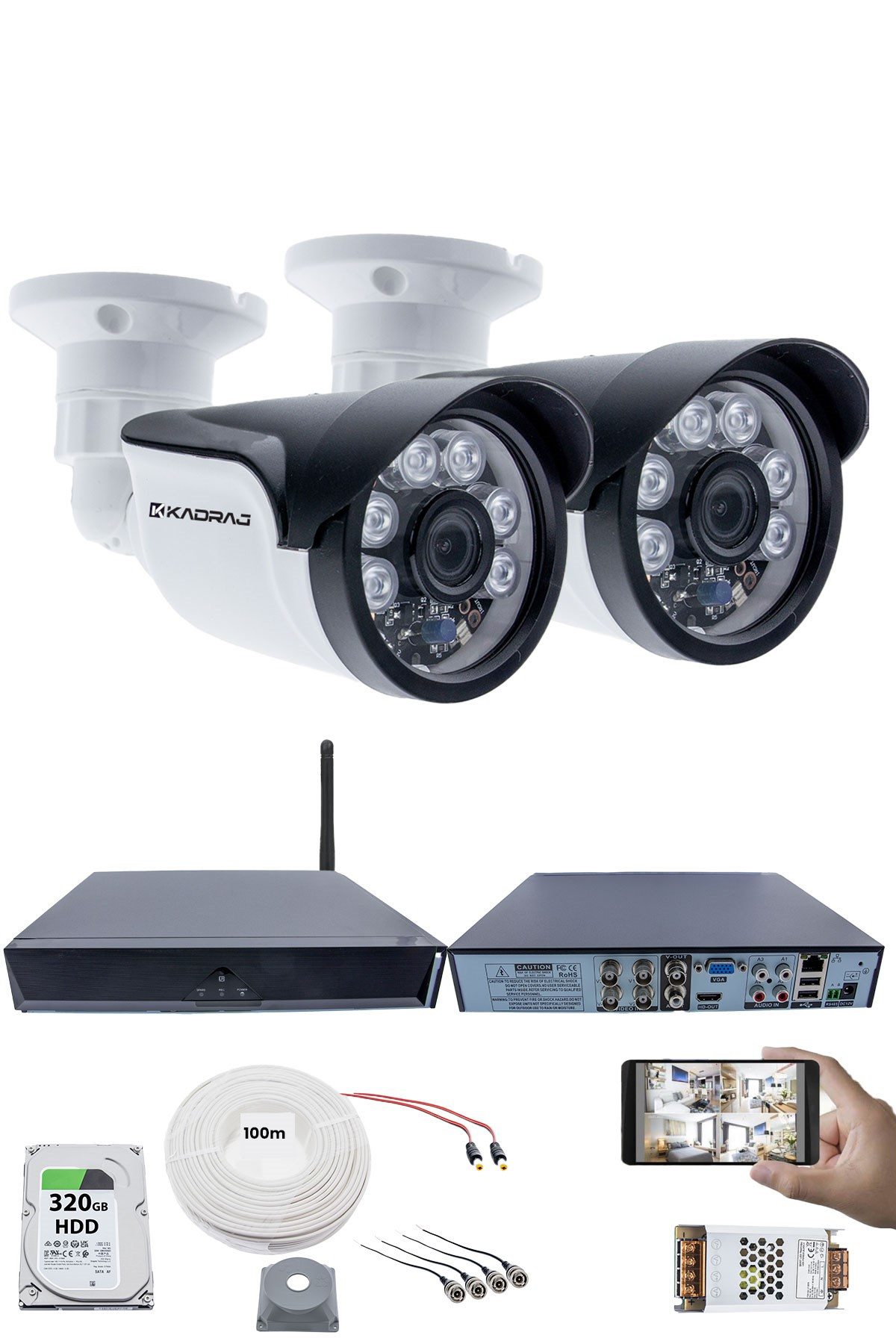 Kadraj 2 Kameralı Güvenlik Seti - 5MP Sony SecuLens, 1080P Full HD AHD, 6 Atom LED, Gece Görüşlü, IP66, 5MP DVR + WiFi Adaptörü, V1