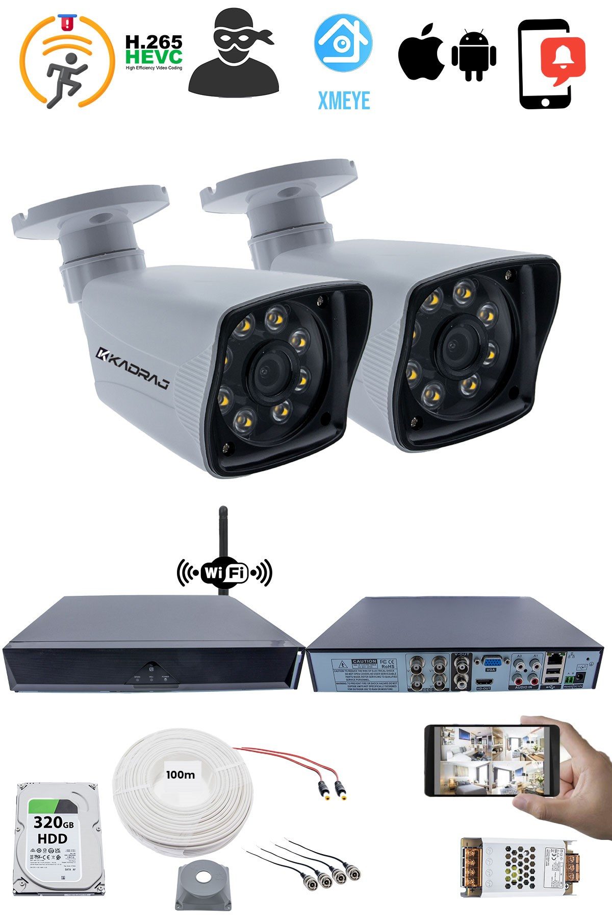 Kadraj 2 Kameralı Güvenlik Seti - 5MP Sony SecuLens, 1080P Full HD AHD, 8 Ultra Warm LED, Gece Görüşlü, 5MP DVR + WiFi Adaptörü, V1 - görsel 2