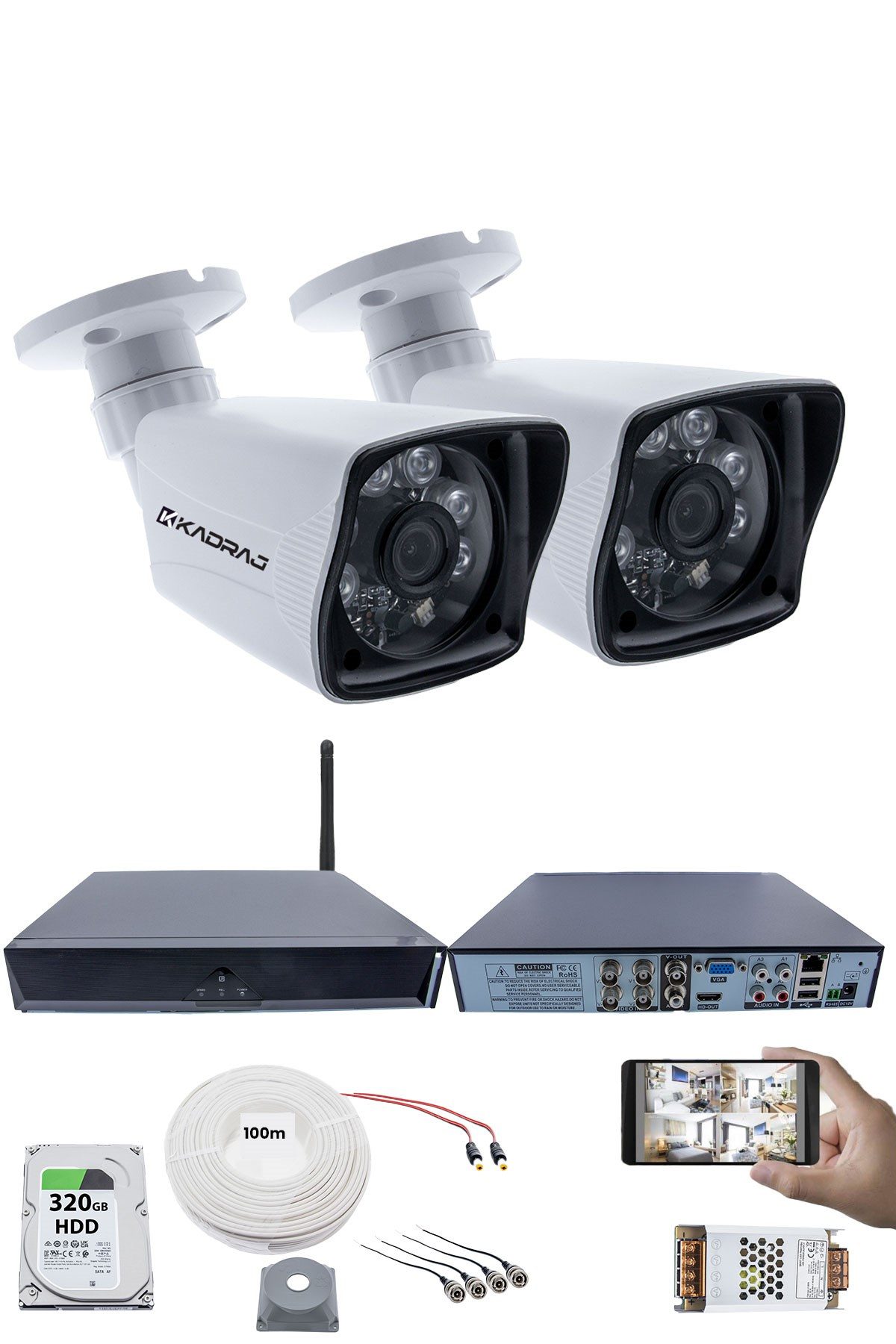 Kadraj 2 Kameralı Güvenlik Seti - 5MP Sony SecuLens, 1080P Full HD AHD, 6 Atom LED, Gece Görüşlü, 5MP DVR + WiFi Adaptörü, V1