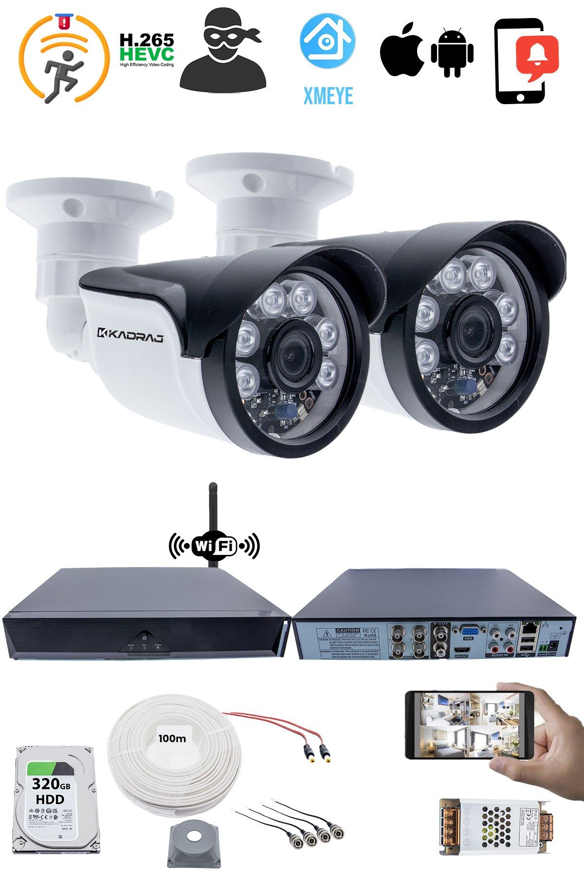 Kadraj 2 Kameralı Güvenlik Seti - 5MP Sony SecuLens, 1080P Full HD AHD, 6 Atom LED, Gece Görüşlü, IP66, 5MP DVR + WiFi Adaptörü, V1 - görsel 2