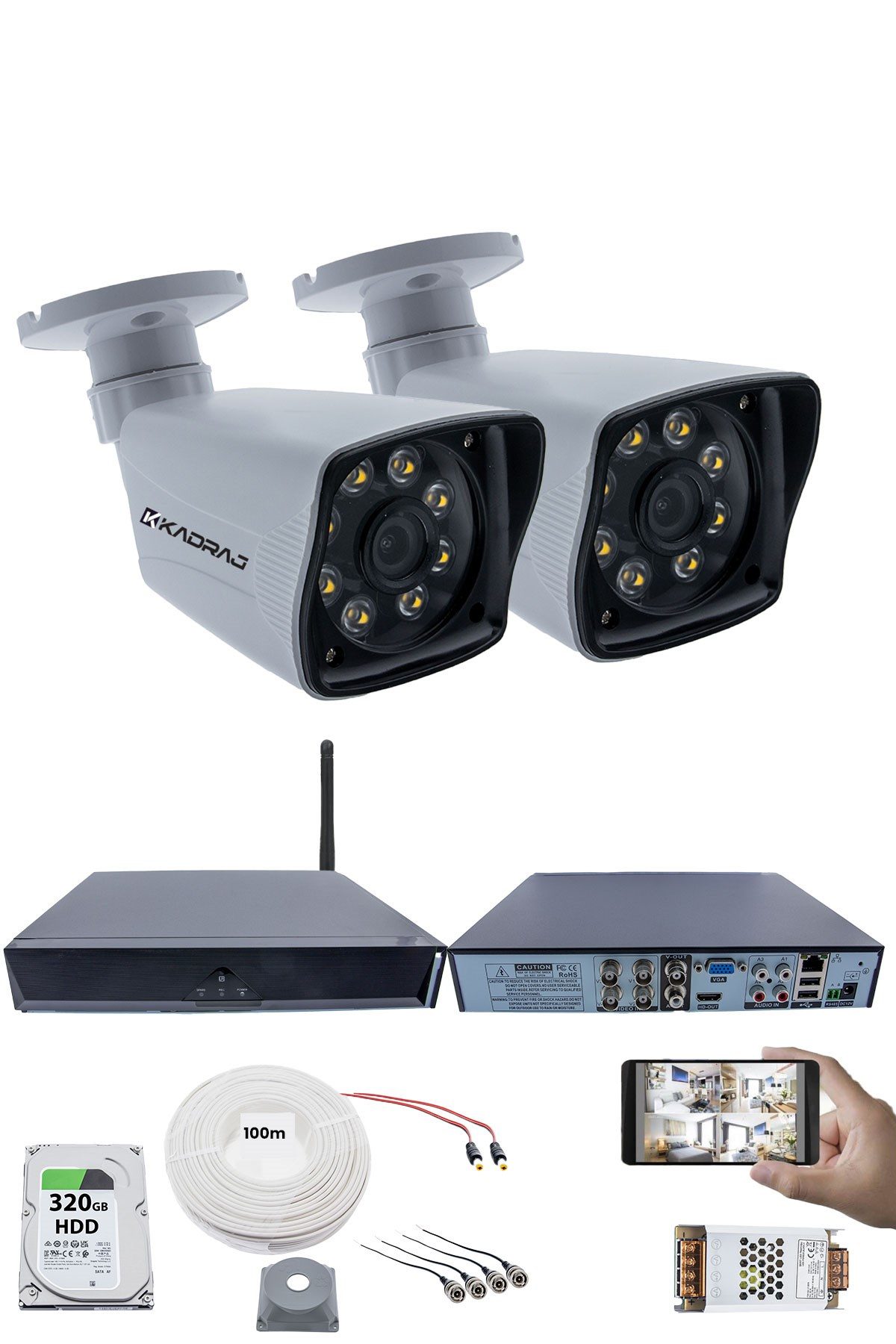 Kadraj 2 Kameralı Güvenlik Seti - 5MP Sony SecuLens, 1080P Full HD AHD, 8 Ultra Warm LED, Gece Görüşlü, 5MP DVR + WiFi Adaptörü, V1