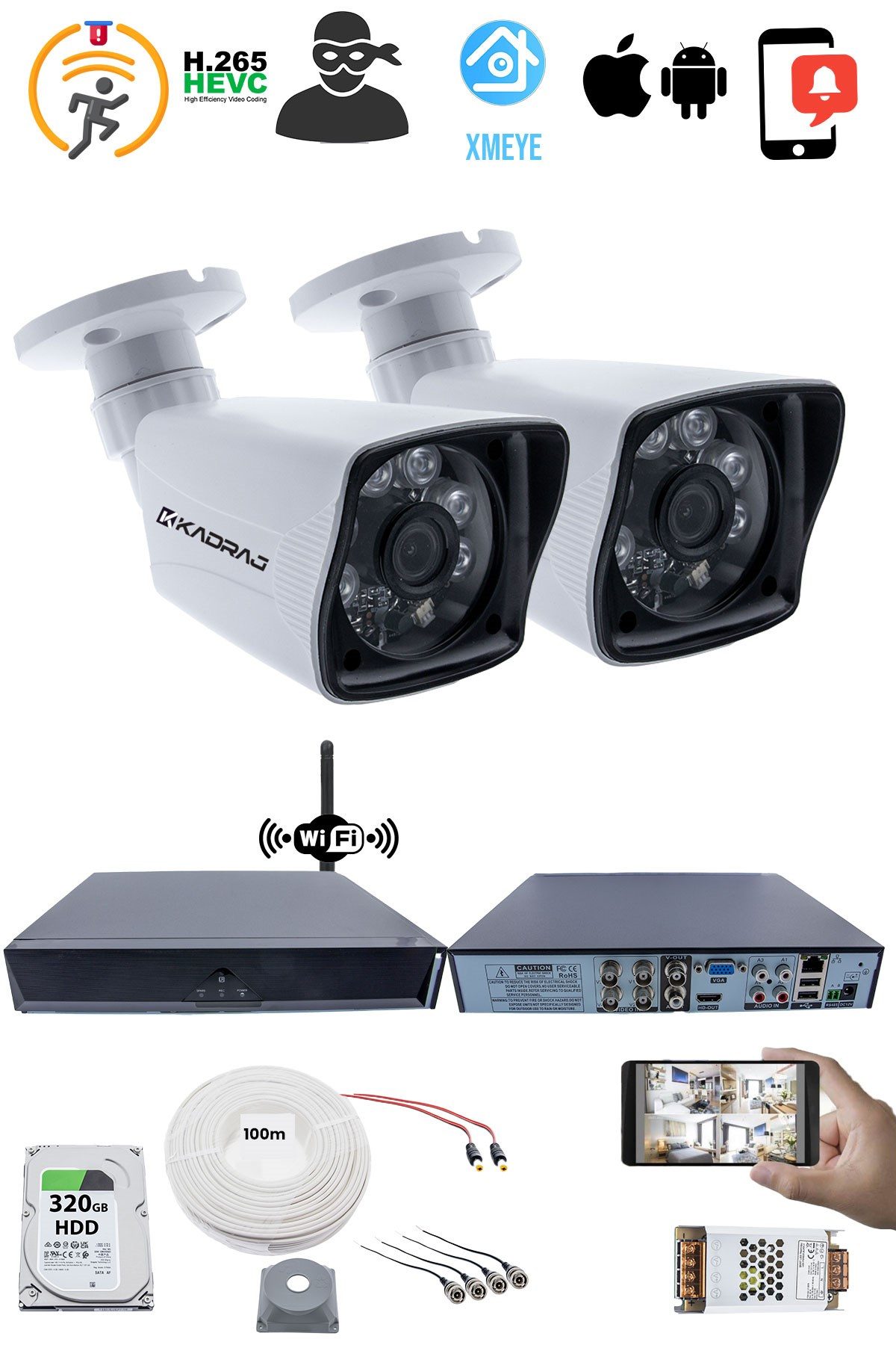 Kadraj 2 Kameralı Güvenlik Seti - 5MP Sony SecuLens, 1080P Full HD AHD, 6 Atom LED, Gece Görüşlü, 5MP DVR + WiFi Adaptörü, V1 - görsel 2
