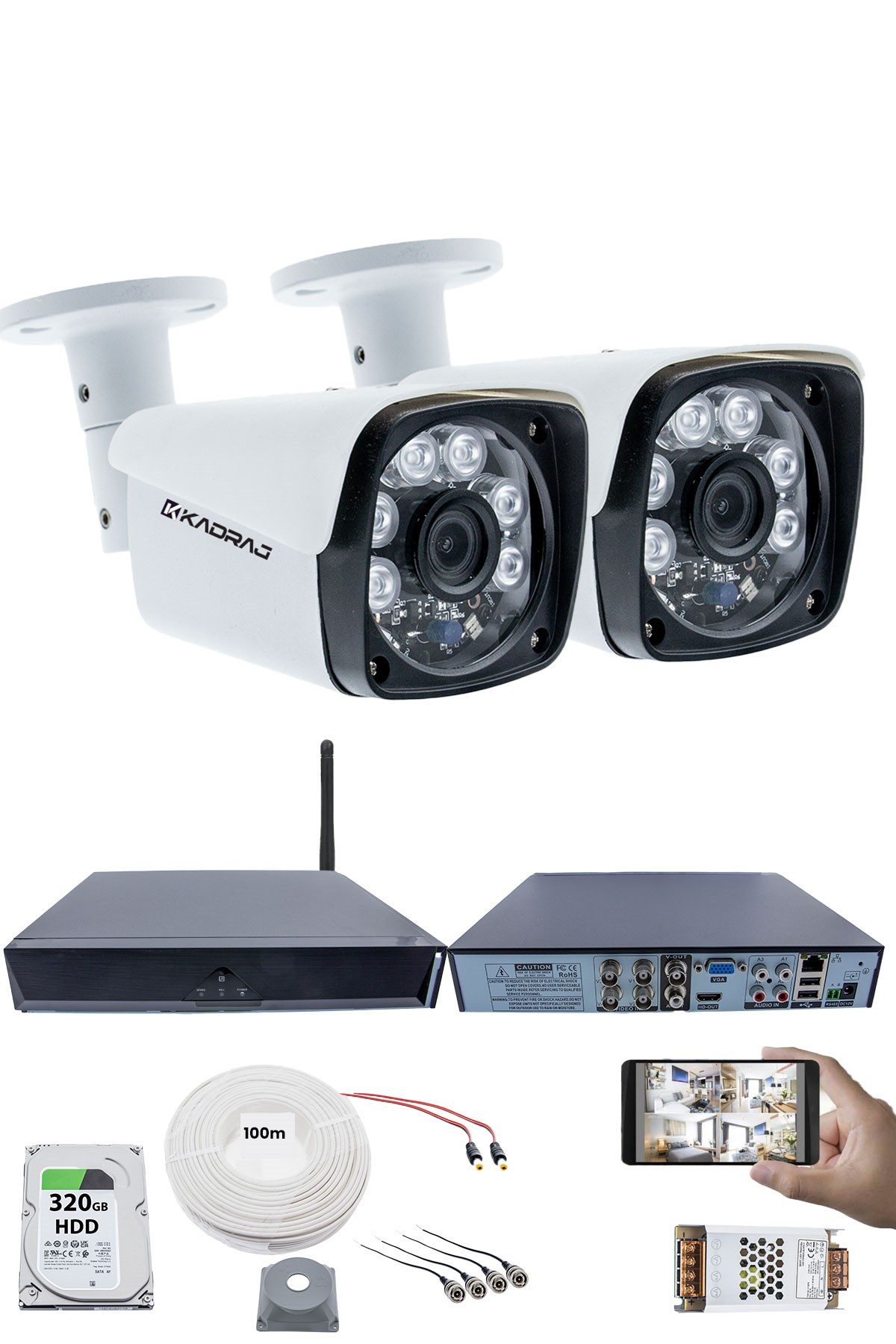 Kadraj 2 Kameralı Güvenlik Seti - 5MP Sony SecuLens, 6 Atom LED, Gece Görüşlü, 1080P Full HD AHD, 5MP DVR + WiFi Adaptörü, V1