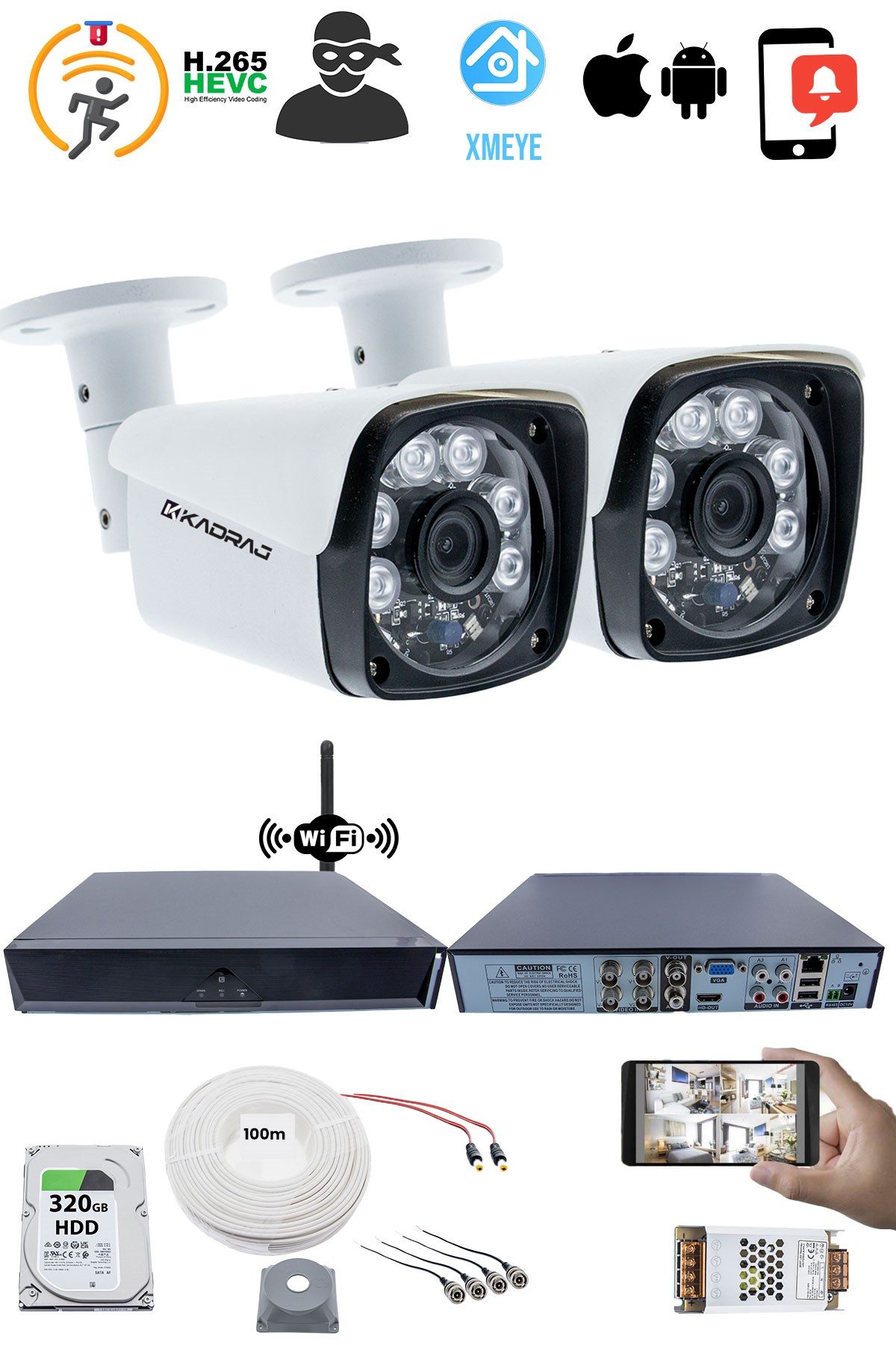 Kadraj 2 Kameralı Güvenlik Seti - 5MP Sony SecuLens, 6 Atom LED, Gece Görüşlü, 1080P Full HD AHD, 5MP DVR + WiFi Adaptörü, V1 - görsel 2