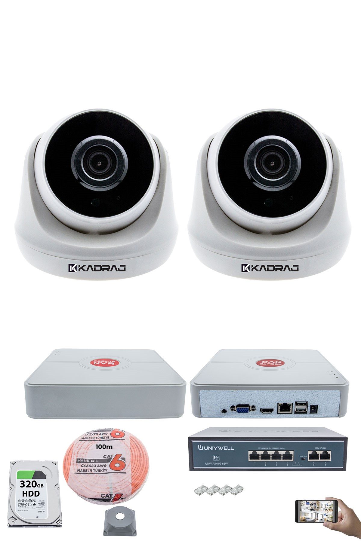 Kadraj 2 Kameralı IP Dome Güvenlik Kamerası Seti | 4MP Ultra HD, 30m Gece Görüş, Ses Alma, Uzaktan İzleme