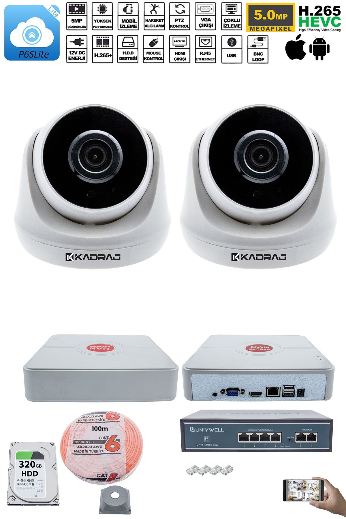Kadraj 2 Kameralı IP Dome Güvenlik Kamerası Seti | 4MP Ultra HD, 30m Gece Görüş, Ses Alma, Uzaktan İzleme - görsel 2