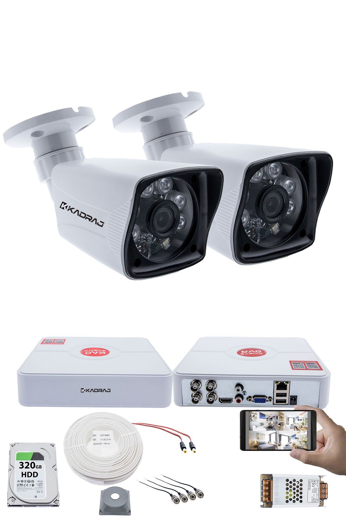 Kadraj 2 Kameralı Set 5MP AHD Sony SecuLensli 1080P Full HD 6 Atom LED Güvenlik Kamerası - Gece Görüş, Plastik Kasa