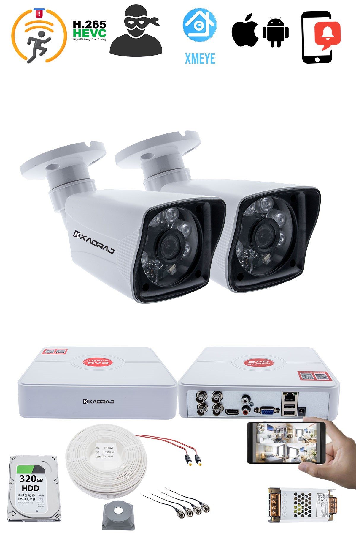 Kadraj 2 Kameralı Set 5MP AHD Sony SecuLensli 1080P Full HD 6 Atom LED Güvenlik Kamerası - Gece Görüş, Plastik Kasa - görsel 2