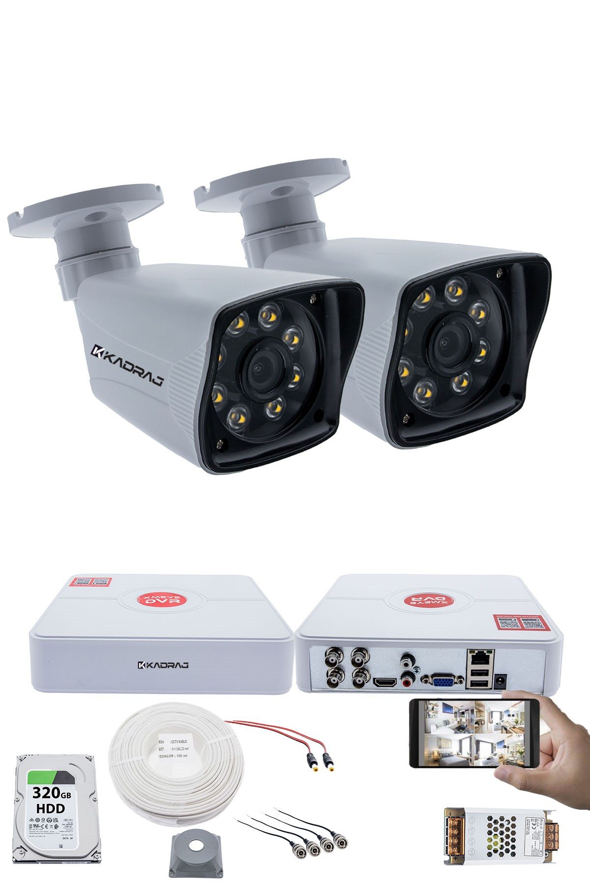 Kadraj 2 Kameralı Set 5MP Sony SecuLensli 1080p Full HD 8 Ultra Warm Led AHD Güvenlik Kamerası - Gece Renkli, Colorvu Teknolojisi, Plastik Kasa