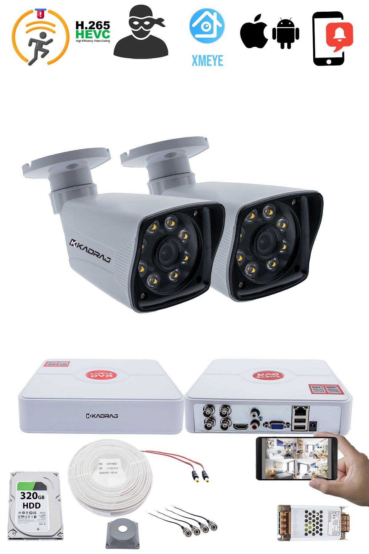 Kadraj 2 Kameralı Set 5MP Sony SecuLensli 1080p Full HD 8 Ultra Warm Led AHD Güvenlik Kamerası - Gece Renkli, Colorvu Teknolojisi, Plastik Kasa - görsel 2