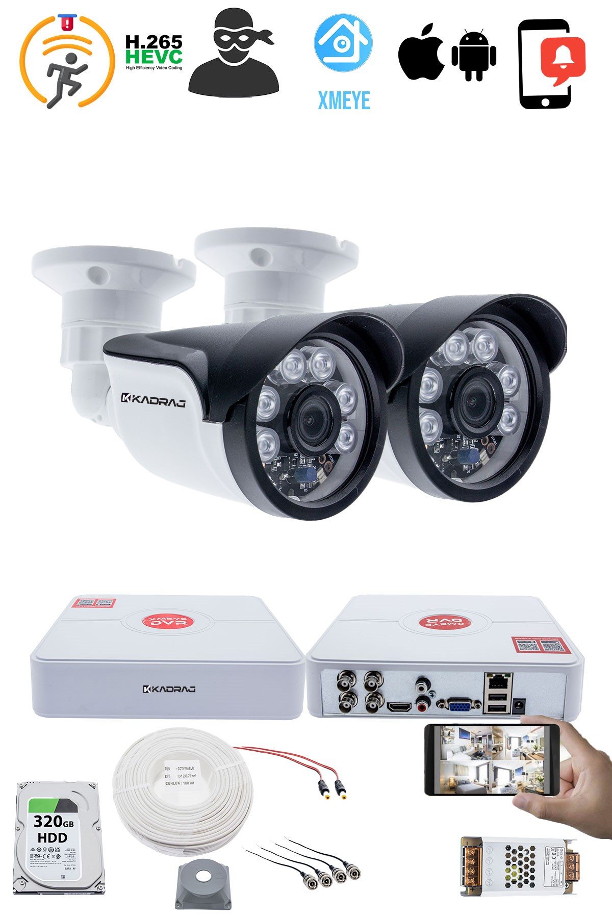 Kadraj 2 Kameralı Set - 5MP Sony SecuLensli, 1080P Full HD AHD, 6 Atom LED, Gece Görüşlü, IP66 Plastik Kasa - görsel 2