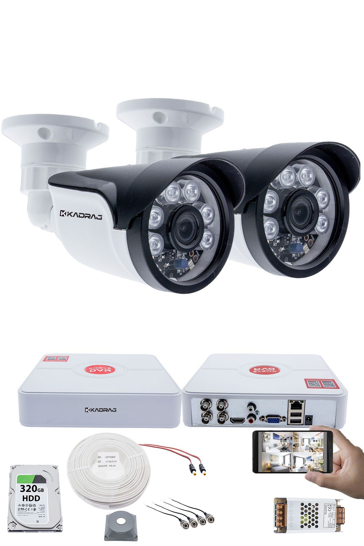 Kadraj 2 Kameralı Set - 5MP Sony SecuLensli, 1080P Full HD AHD, 6 Atom LED, Gece Görüşlü, IP66 Plastik Kasa