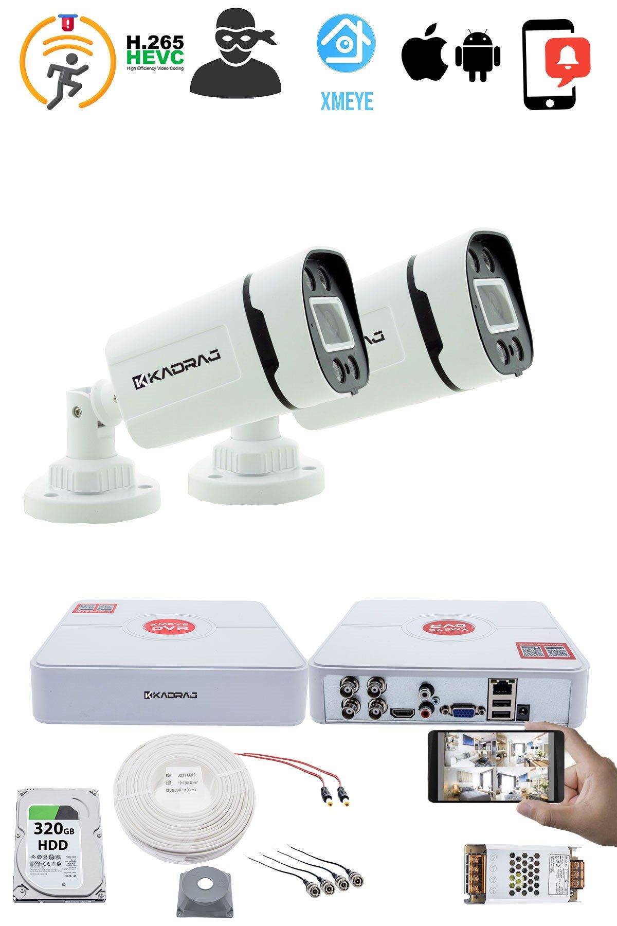 Kadraj 2 Kameralı Set - Gece Renkli 5MP Sony SecuLensli 1080p Full HD AHD, 4 Warm LED, Colorvu - Plastik Kasa - görsel 2