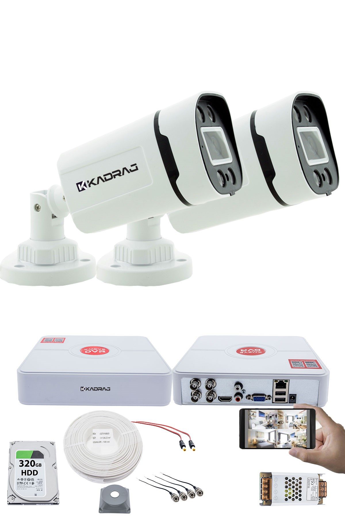 Kadraj 2 Kameralı Set - Gece Renkli 5MP Sony SecuLensli 1080p Full HD AHD, 4 Warm LED, Colorvu - Plastik Kasa