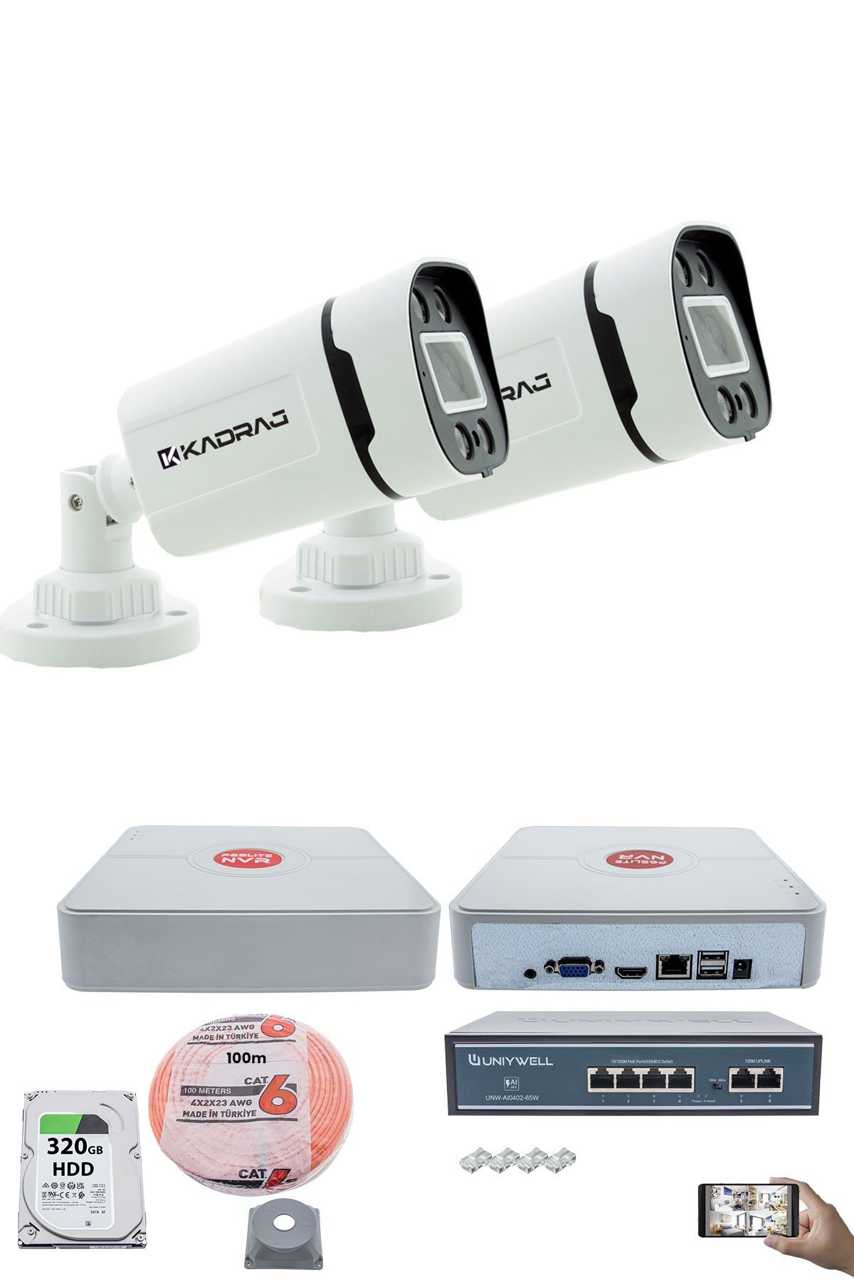 Kadraj 2'li Güvenlik IP Kamera Seti - 4MP Dış Mekan Kamera H42, 3.6mm Lens, H.265, PoE, Warm IR Gece Görüşü, 9 Kanal NVR, 4 Port PoE Switch, 100 Metre CAT6