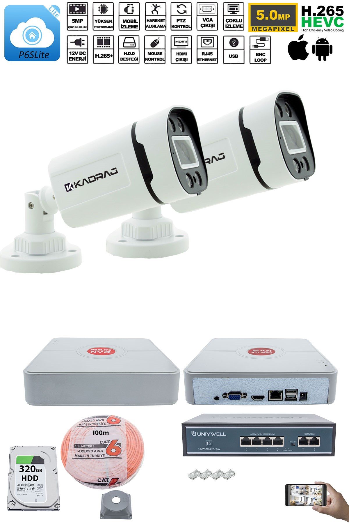Kadraj 2'li Güvenlik IP Kamera Seti - 4MP Dış Mekan Kamera H42, 3.6mm Lens, H.265, PoE, Warm IR Gece Görüşü, 9 Kanal NVR, 4 Port PoE Switch, 100 Metre CAT6 - görsel 2