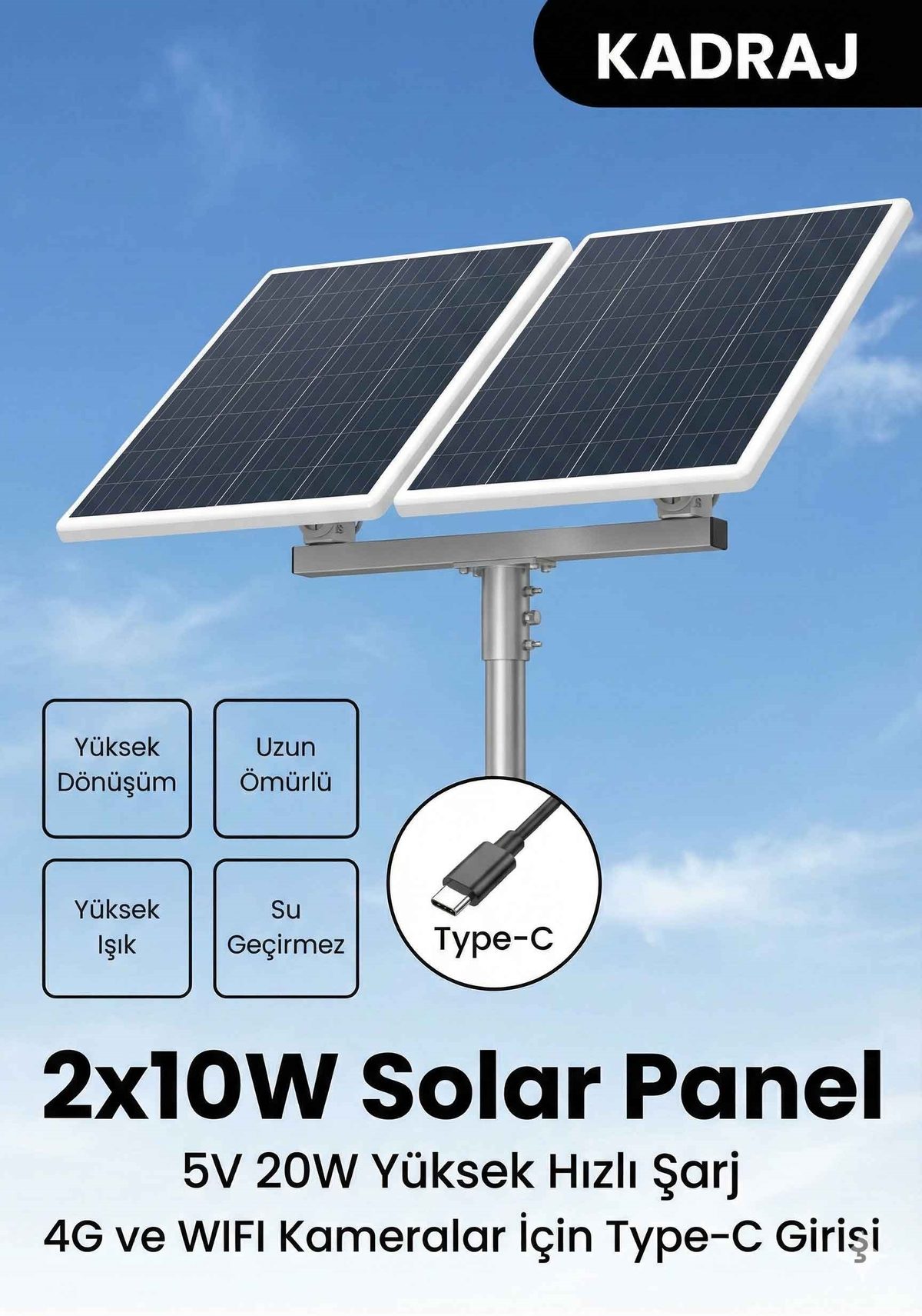 Kadraj 2x10W (20W) Solar Panel Kiti - Type-C 5V - Dış Mekan Kamera İçin Yüksek Güç