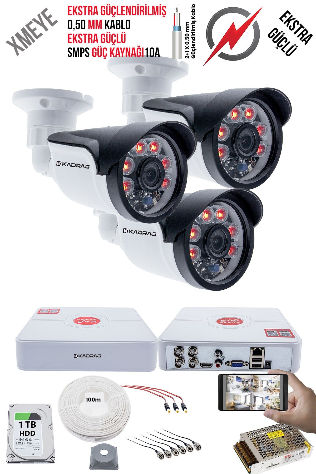 Kadraj 3 Kameralı Güvenlik Kamera Seti - Ekstra Uzun Mesafeli Güçlü, 5MP Sony Lens, 70m Dayanıklı Kablolama, 6 Atom LED, 1TB H.D.D
