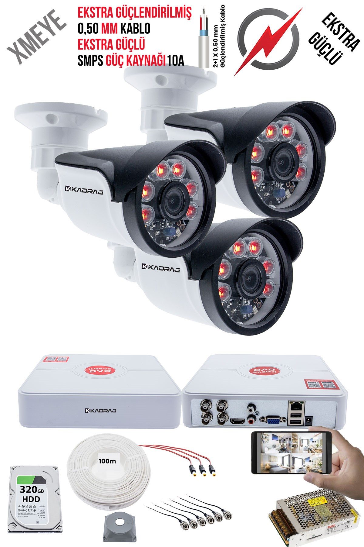 Kadraj 3 Kameralı Güvenlik Kamera Seti - Ekstra Uzun Mesafeli Güçlü, 5MP Sony Lens, 70m Dayanıklı Kablolama, 6 Atom LED, 320GB H.D.D