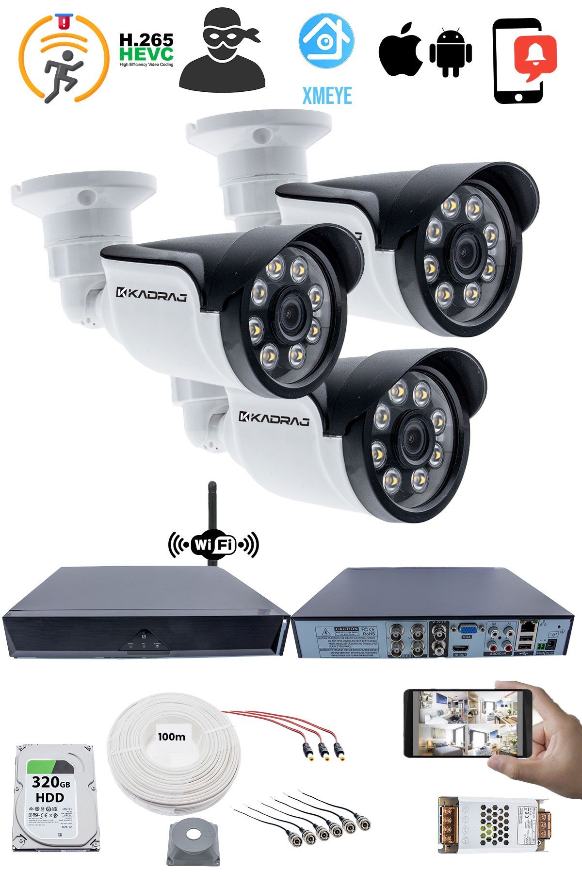 Kadraj 3 Kameralı Güvenlik Seti - 5MP Sony SecuLens, 1080p AHD, 8 Warm LED, Gece Renkli Görüş, Full HD, 5MP DVR + WiFi Adaptörü, V1 - görsel 2