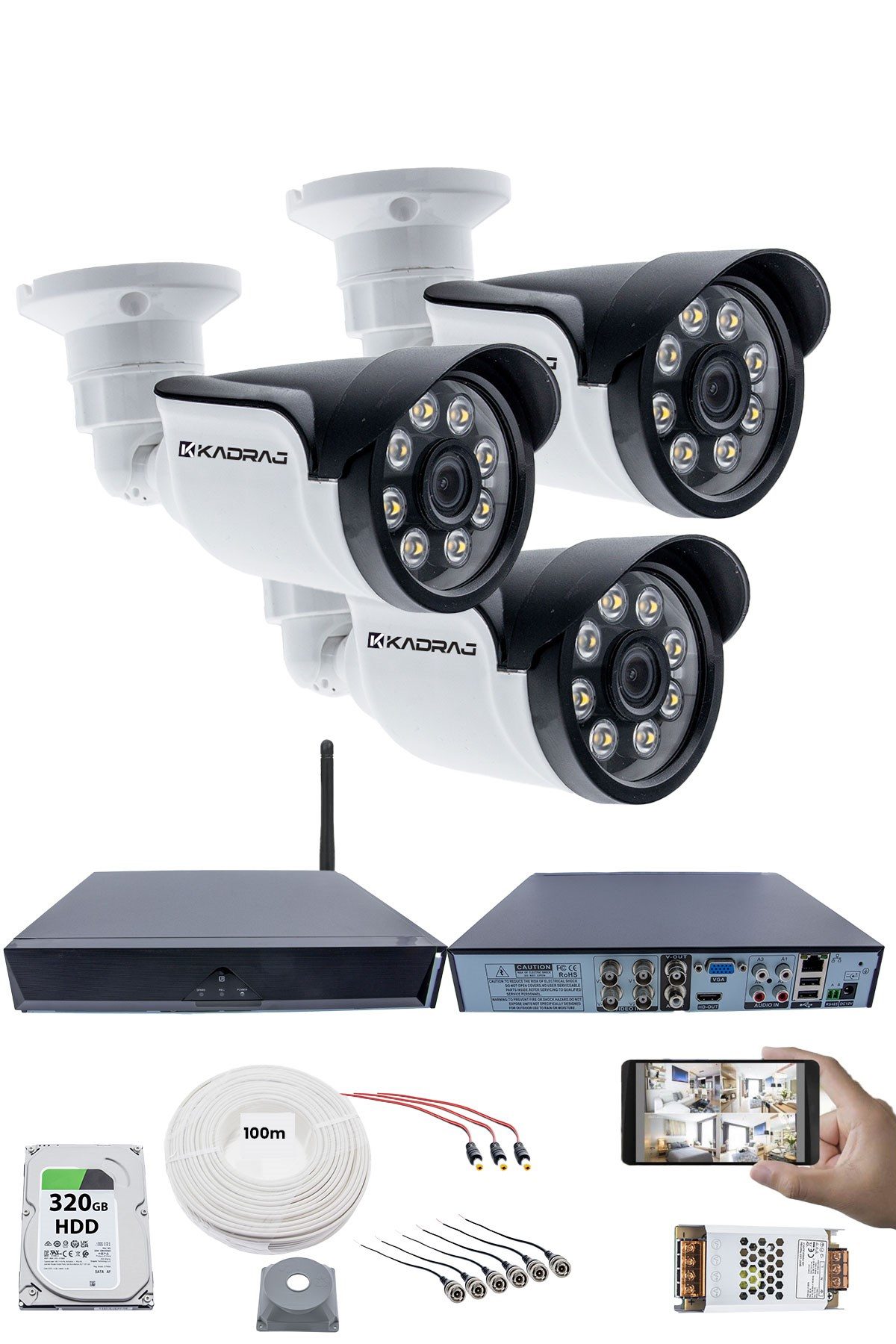 Kadraj 3 Kameralı Güvenlik Seti - 5MP Sony SecuLens, 1080p AHD, 8 Warm LED, Gece Renkli Görüş, Full HD, 5MP DVR + WiFi Adaptörü, V1