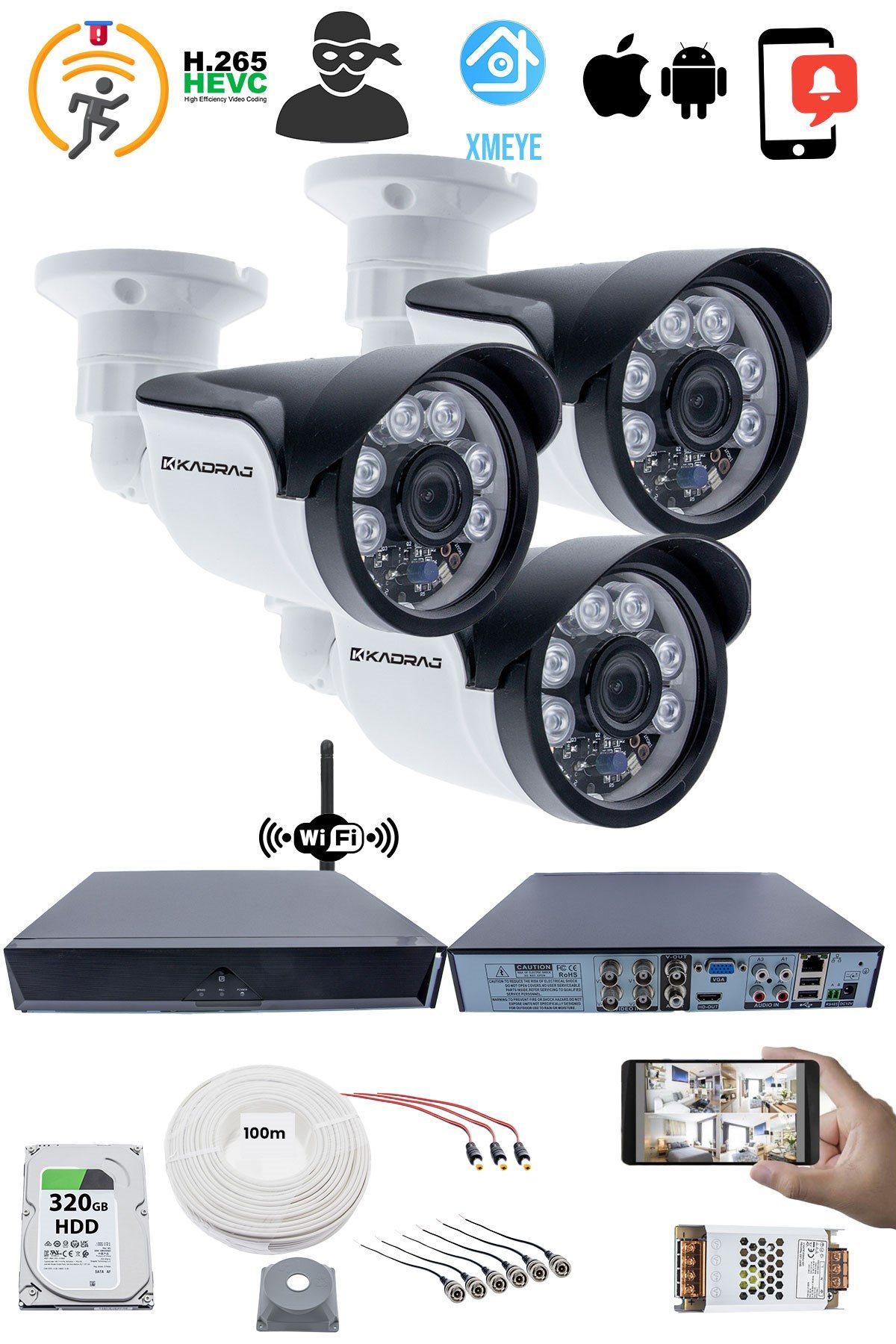 Kadraj 3 Kameralı Güvenlik Seti - 5MP Sony SecuLens, 1080p Full HD AHD, Gece Görüşlü, 6 Atom LED, IP66, 5MP DVR + WiFi Adaptörü, V1 - görsel 2